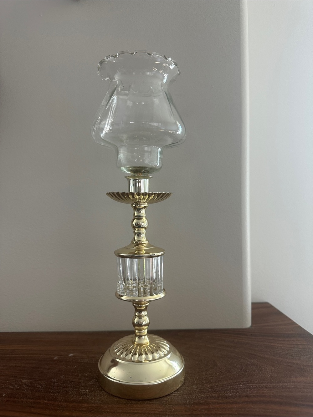 Vintage Hollywood Regency Brass Tone Taper Candle Holder with Hurricane Shade